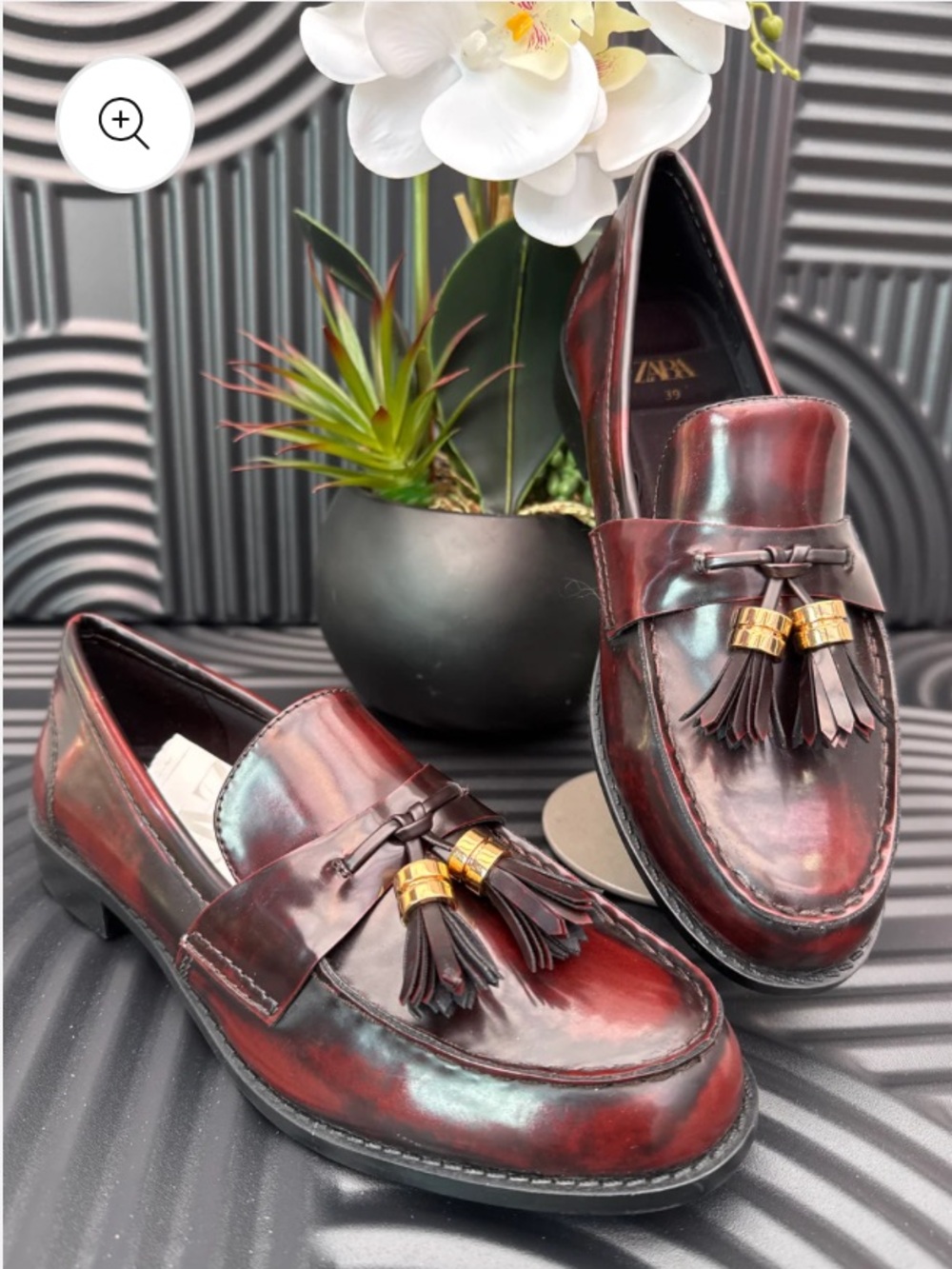 Zara burgundy shiny leather tassel loafer